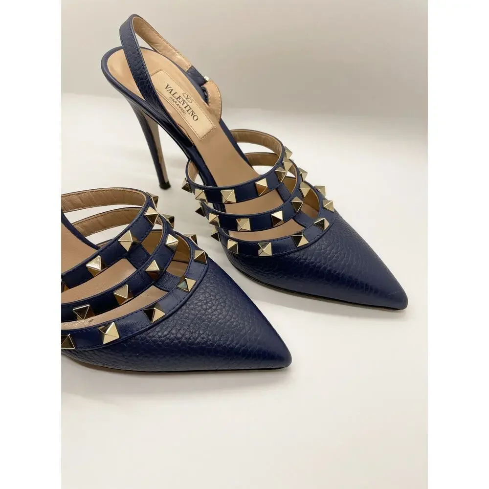 Valentino Garavani Rockstud slingback pumps Navy Blue pebbled calfskin leather